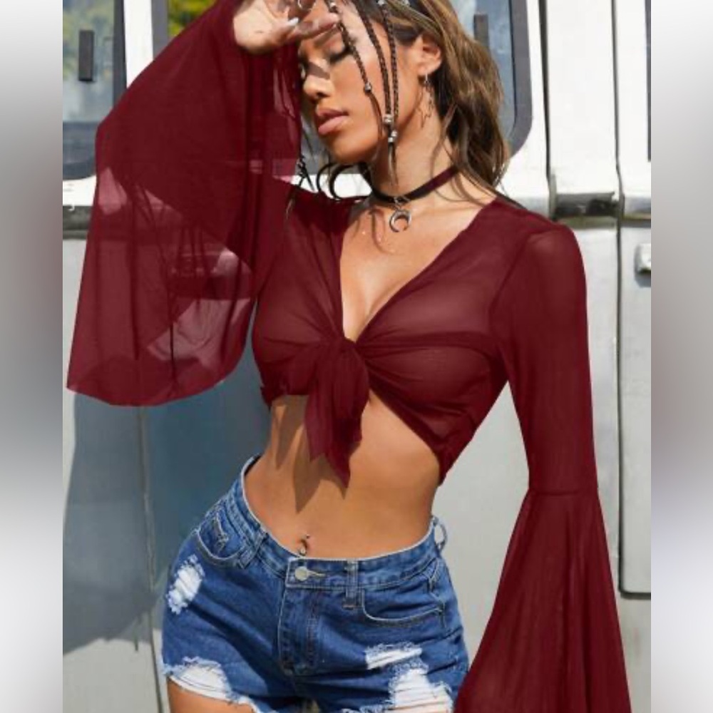 Chocolate Burgundy Sheer Bell Sleeve Crop Top